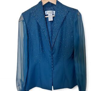 al Blue Vintage Beaded Blazer with Sheer Sleeves Glam Holiday  Look